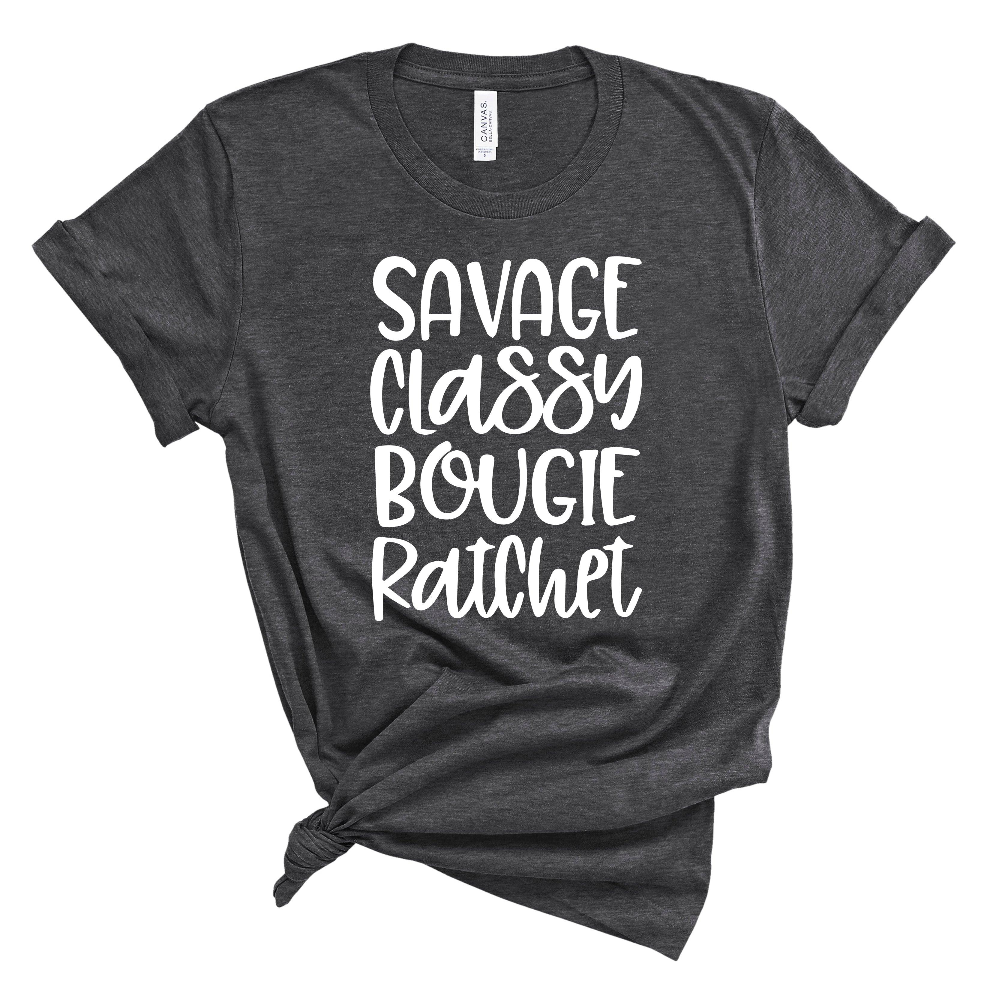 Women's Funny Sleeveless Tank Top - 'Savage Classy Bougie Ratchet' Letter Print Tee (Khaki, XL)