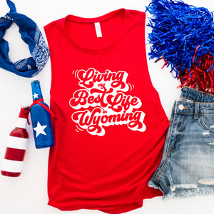Living My Best Life in Wyoming Retro - Red Women's Jersey Muscle Tank