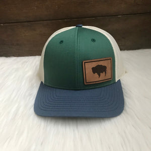 Wyoming Flag Leather Patch Spruce Navy Snapback Hat