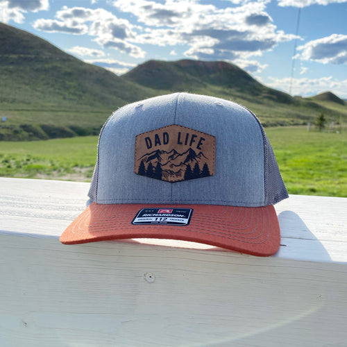 Mountain Dad Life Leather Patch Snapback Hat - Heather Grey/ Charcoal/ Dark Orange