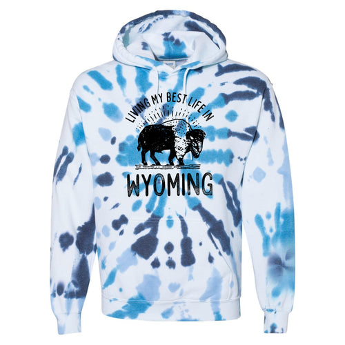 Living My Best Life in Wyoming Buffalo Blue Tye Die Hooded Sweatshirt