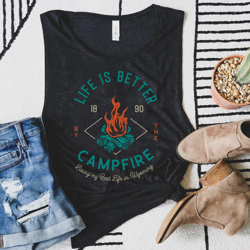 Life is Better by the Campfire Women's Black Flowy Scoop Muscle Tank