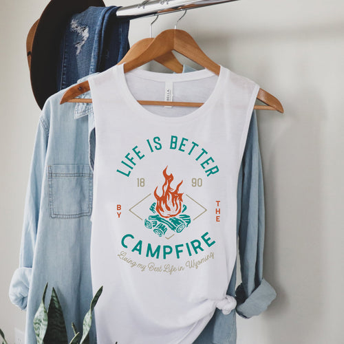 Life is Better by the Campfire Women's White Flowy Scoop Muscle Tank
