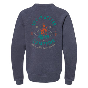 Life is Better by the Campfire YOUTH Bella+Canvas Navy Crewneck Sweatshirt