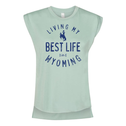 Living My Best Life in Wyoming Steamboat Dusty Blue Flowy Muscle Tee