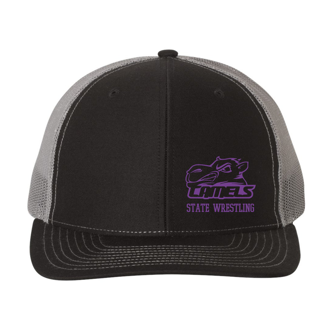 2022 State Camels Wrestling - Embroidered Black Adjustable Snapback Trucker Cap