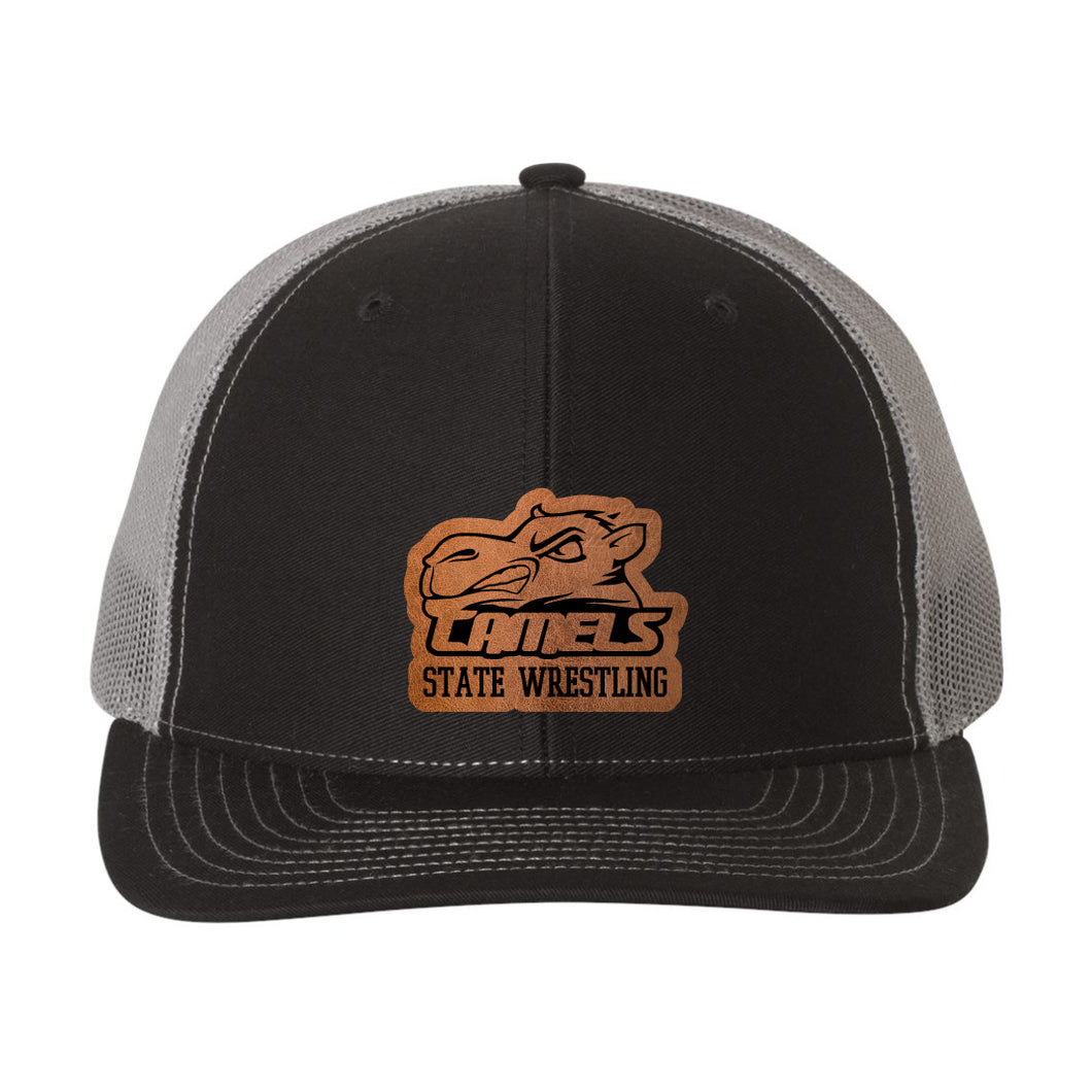 2022 State Camels Wrestling - Leather Patch Black Adjustable Snapback Trucker Cap