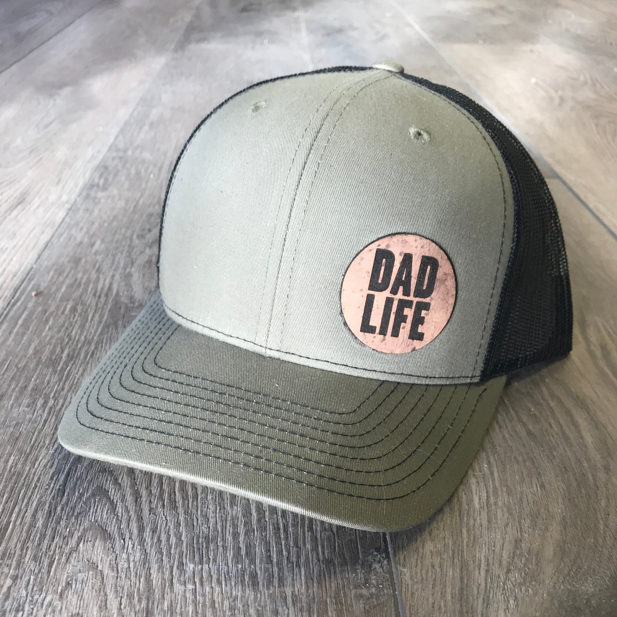 Dad Life Leather Patch Snapback Hat Loden Green and Black