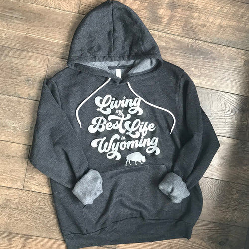 Living My Best Life in Wyoming Retro Hooded Sweatshirt in Dark Grey Heather