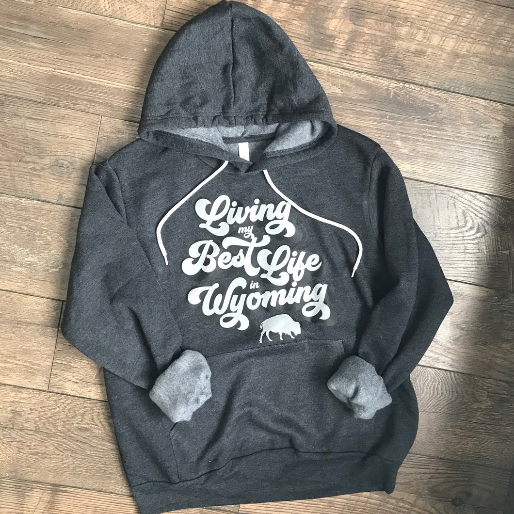 Living My Best Life in Wyoming Retro Hooded Sweatshirt in Dark Grey Heather