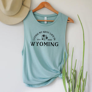 Floral Living My Best Life in Wyoming Dusty Blue Women's Flowy Scoop Muscle Tank
