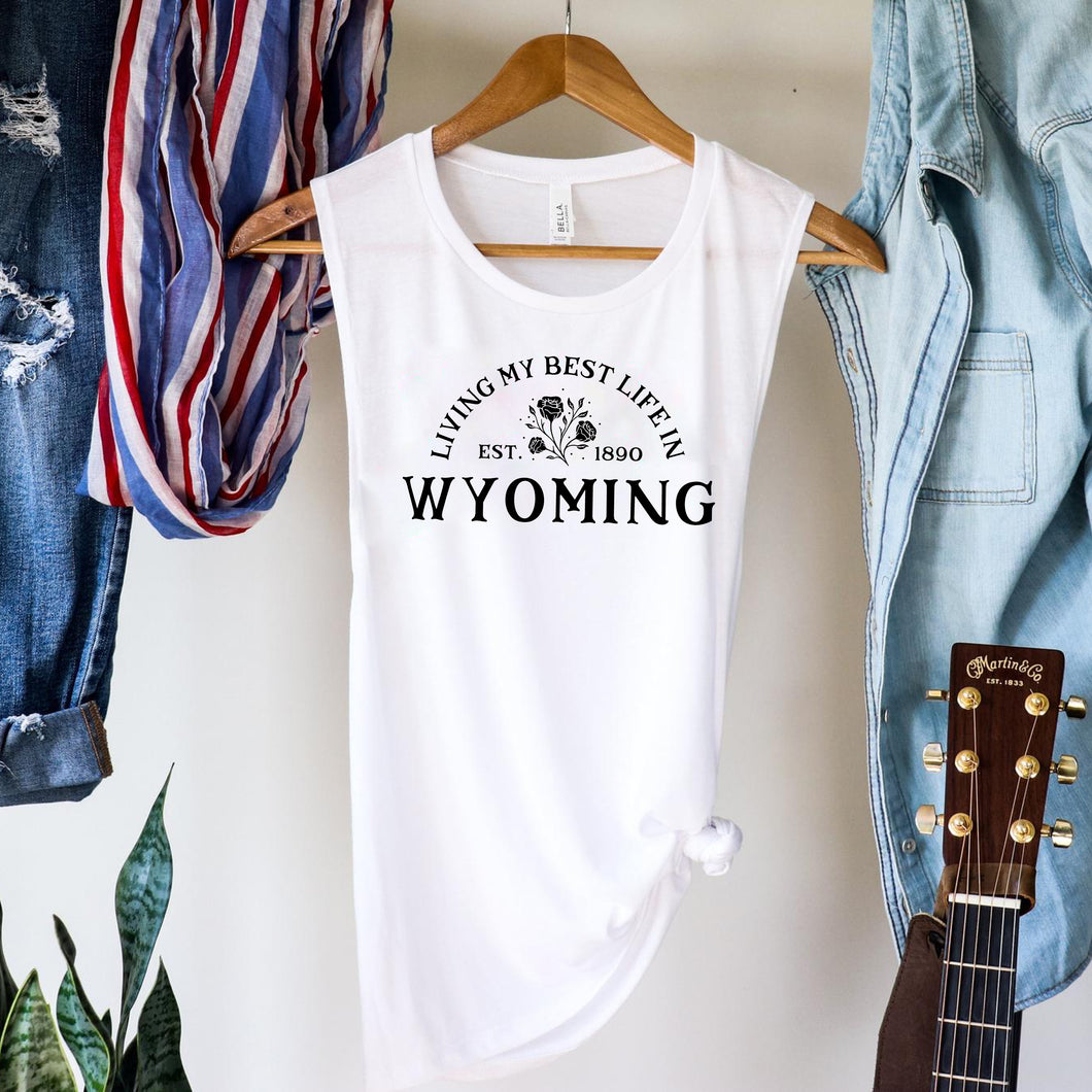 Floral Living My Best Life in Wyoming White Women's Flowy Scoop Muscle Tank