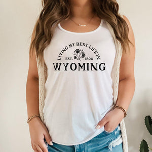 Floral Living My Best Life in Wyoming White Women's Flowy Racerback Tank
