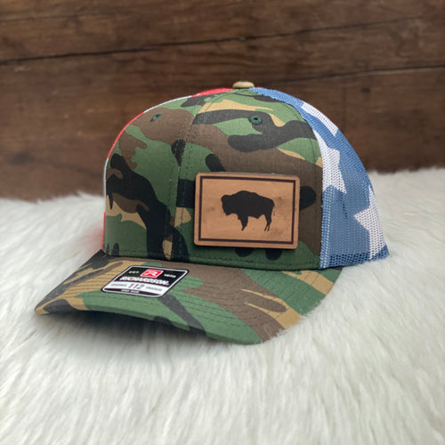 Wyoming Flag Leather Patch Camo Flag Hat