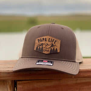 Papa Life Leather Patch Snapback Hat - Brown and Khaki