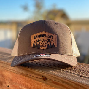 Grandpa Life Leather Patch Snapback Hat - Brown and Khaki