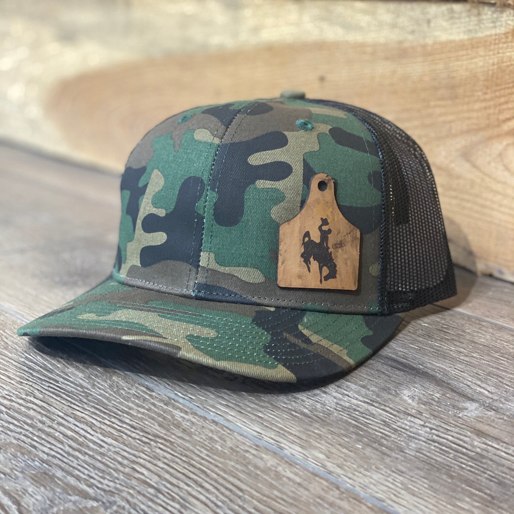 Wyoming Cowboys Leather Cow Tag Patch Camo Snapback Hat