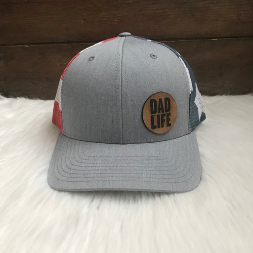 Dad Life Leather Patch Snapback Heather Grey America Flag Hat