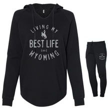 Living My Best Life in Wyoming Steamboat Women’s Lightweight Black Hooded Sweatshirt