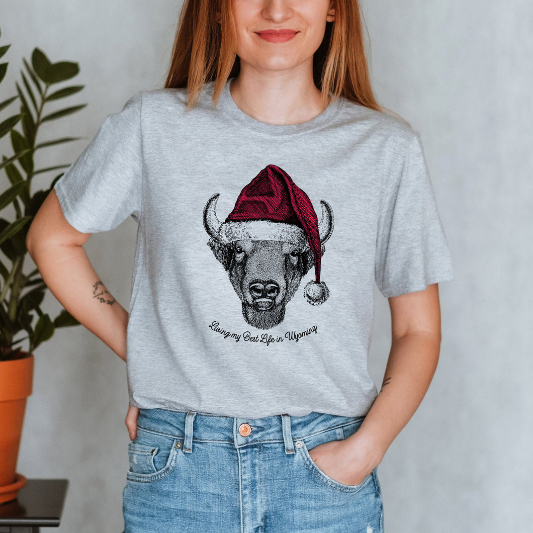 Living My Best Life in Wyoming Christmas Buffalo Grey Adult T-Shirt