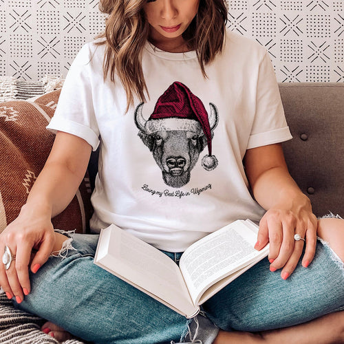 Living My Best Life in Wyoming Christmas Buffalo White Adult T-Shirt