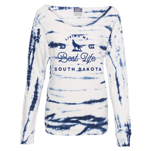 Living My Best Life in South Dakota Coyote Blue Off-the-Shoulder Tie-Dyed Sweatshirt