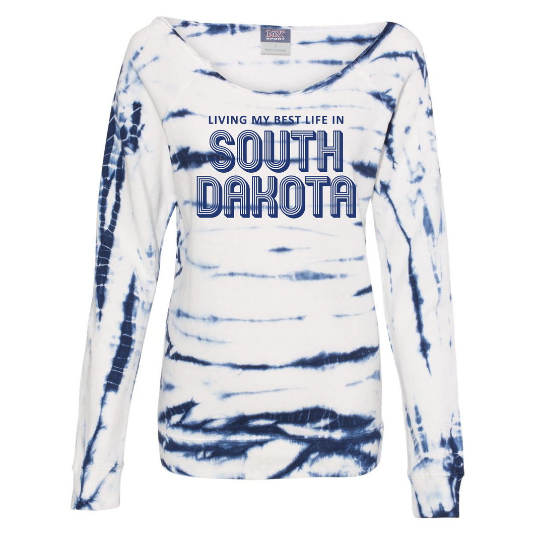 Living My Best Life in South Dakota Blue Off-the-Shoulder Tie-Dyed Sweatshirt