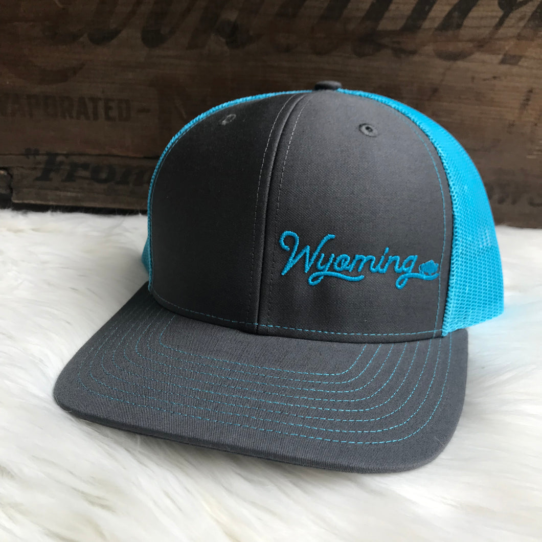Neon Blue Wyoming low profile Charcoal trucker snapback