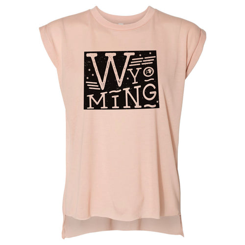 Wyoming State Proud Women's Peach Flowy Rolled Cuffs Muscle Tee