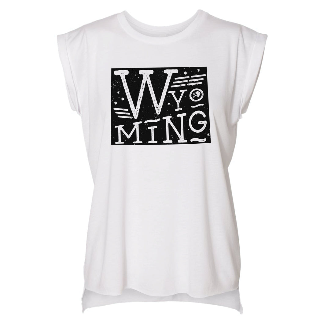 Wyoming State Proud Women's White Flowy Rolled Cuffs Muscle Tee