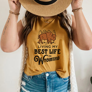 Living My Best Life in Wyoming Buffalo Women's Mustard Racerback Cropped Tank