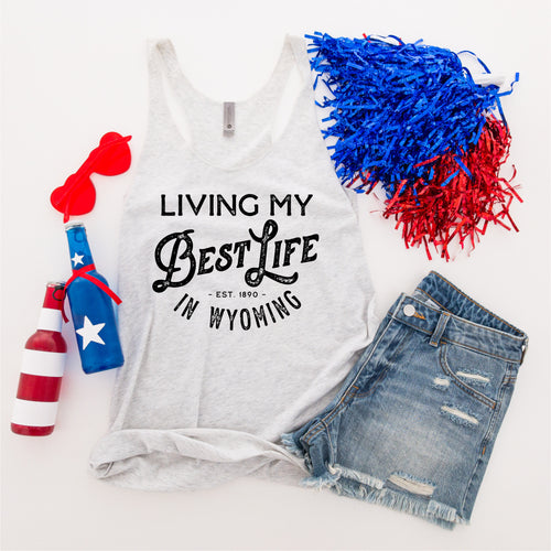 Living My Best Life in Wyoming - Women’s Vintage White Triblend Racerback Tank