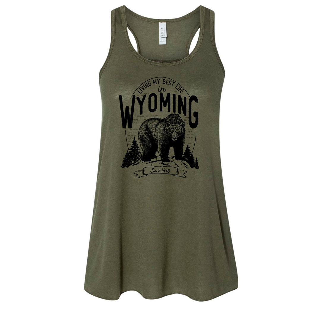 Bear Living My Best Life in Wyoming Military Green Women's Flowy Racerback Tank