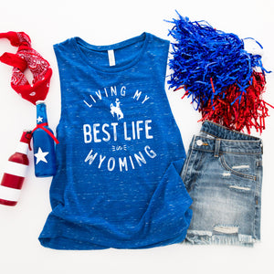Living My Best Life in Wyoming Steamboat - Women's Royal Marble Flowy Scoop Muscle Tank