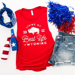 Living My Best Life in Wyoming - Women's Red Flowy Scoop Muscle Tank
