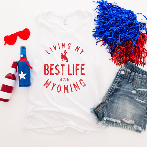Living My Best Life in Wyoming Steamboat - Women's White Flowy Scoop Muscle Tank