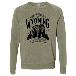 Bear Living My Best Life in Wyoming Army Eco-Fleece Crewneck Sweatshirt