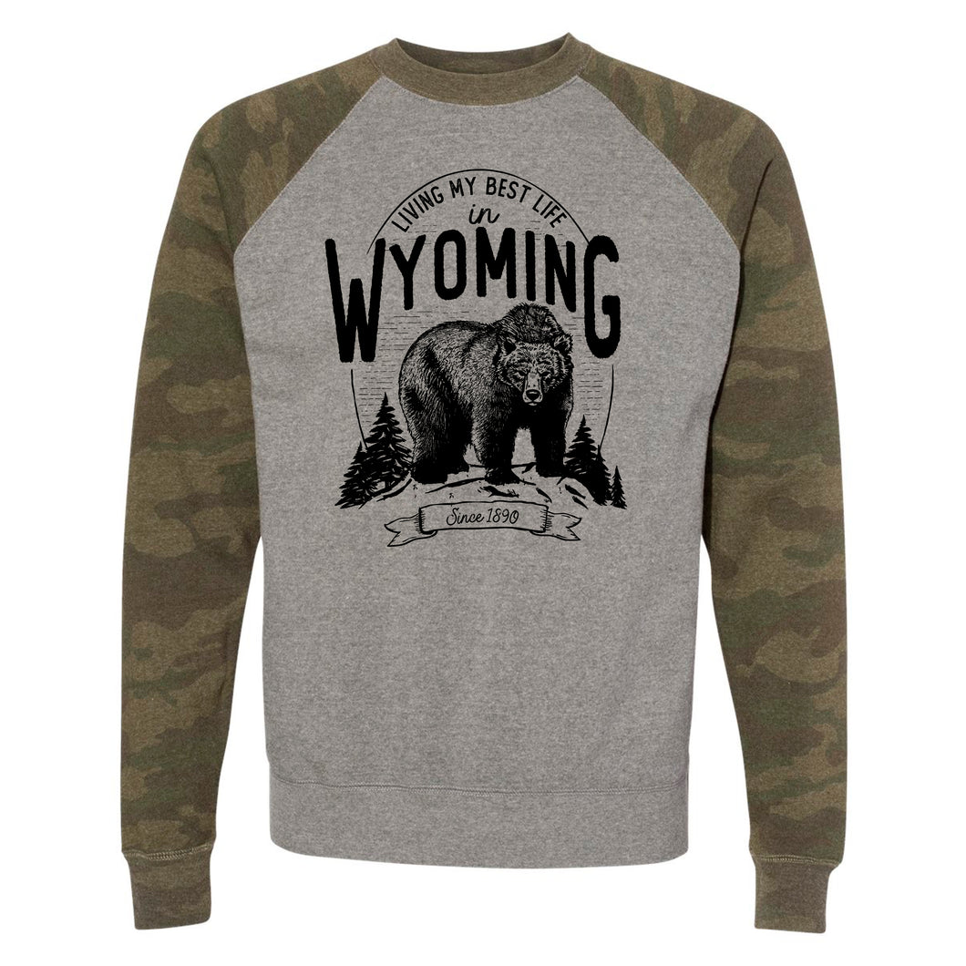 Bear Living My Best Life in Wyoming Camo Unisex Raglan Sweatshirt